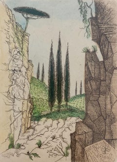 Toscana. Grabado figurativo, Paisaje colorido, Minimalista, Arte polaco