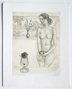 Dos manzanas - Grabado al aguafuerte figurativo del siglo XX, Desnudo, Paisaje
