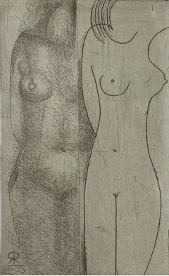 Two nudes - Figurative etching print, Monochromatic, Minimalistic, Female nude