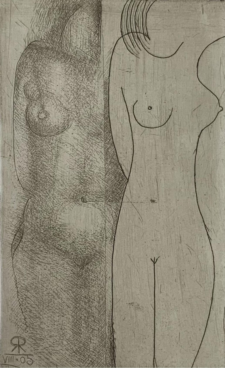 Leszek Rózga Figurative Print - Two nudes - Figurative etching print, Monochromatic, Minimalistic, Female nude