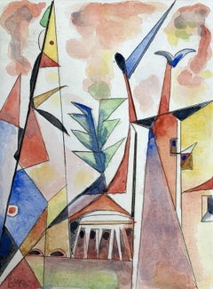 Victory towers - XXI Century, Abstract drypoint print & watercolor, Colorful 