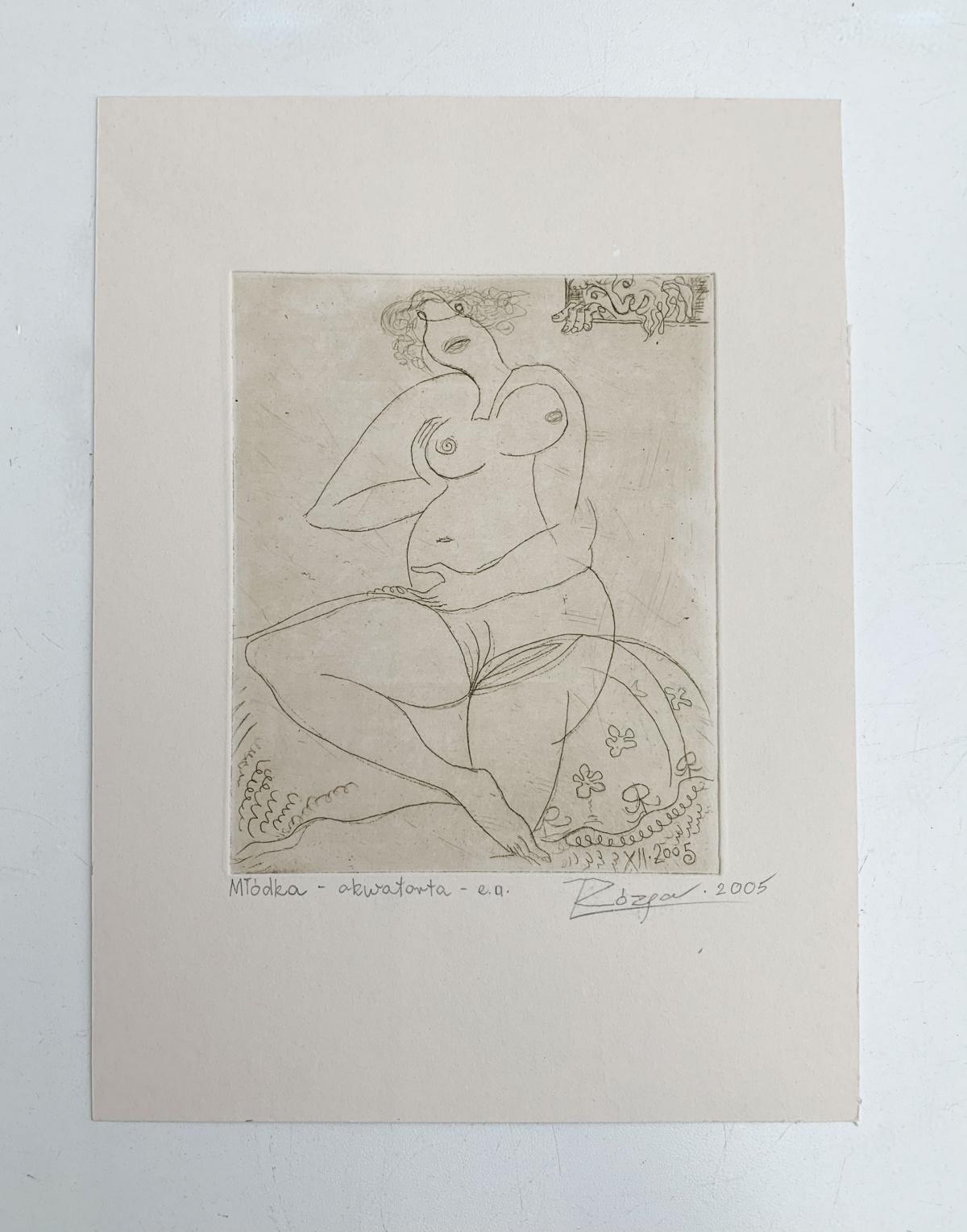 Jovencita - Siglo XXI, Grabado figurativo, Desnudo - Nude Print Gris de Leszek Rózga