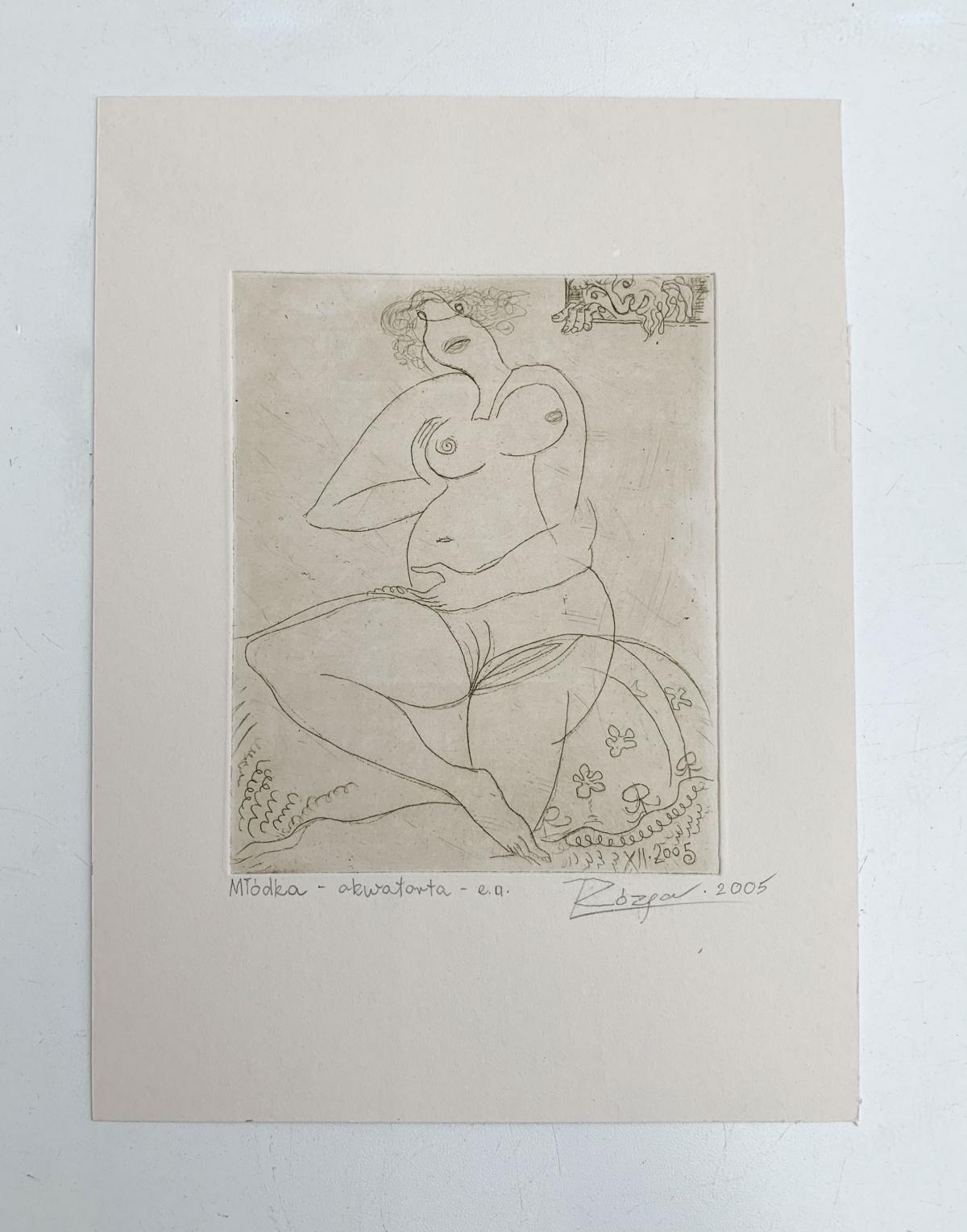 Young Lady - XXI Jahrhundert, Figurativer Radierungsdruck, Nackt (Grau), Nude Print, von Leszek Rózga