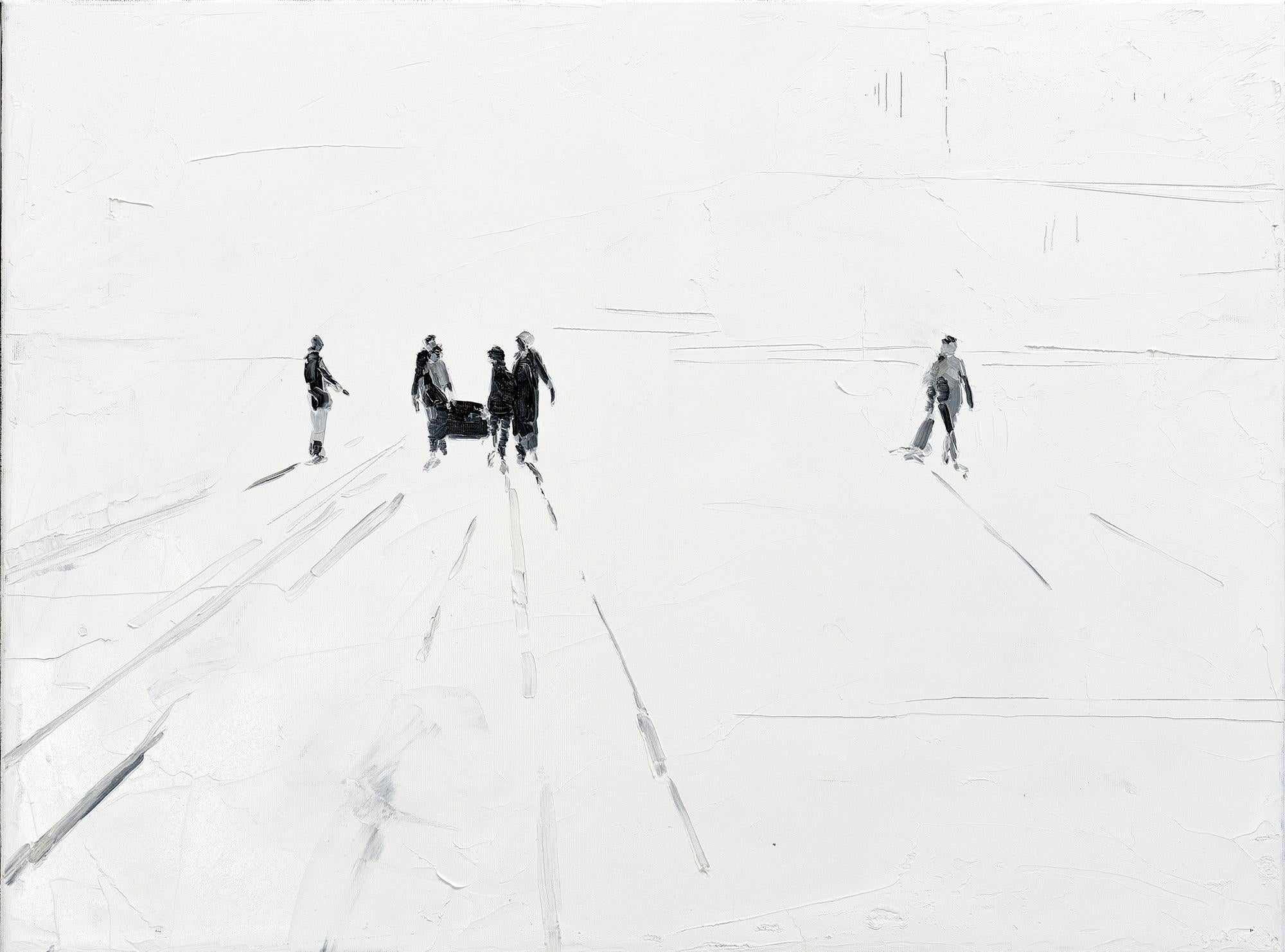 Diversity
60 x 80 cm
oil on canvas 
2020

A wide, apparently endless plain forms the background of the events: out of nowhere, dark figures enter the scenery, as if coming from the depths of the canvas, appearing through layers of bright, shiny