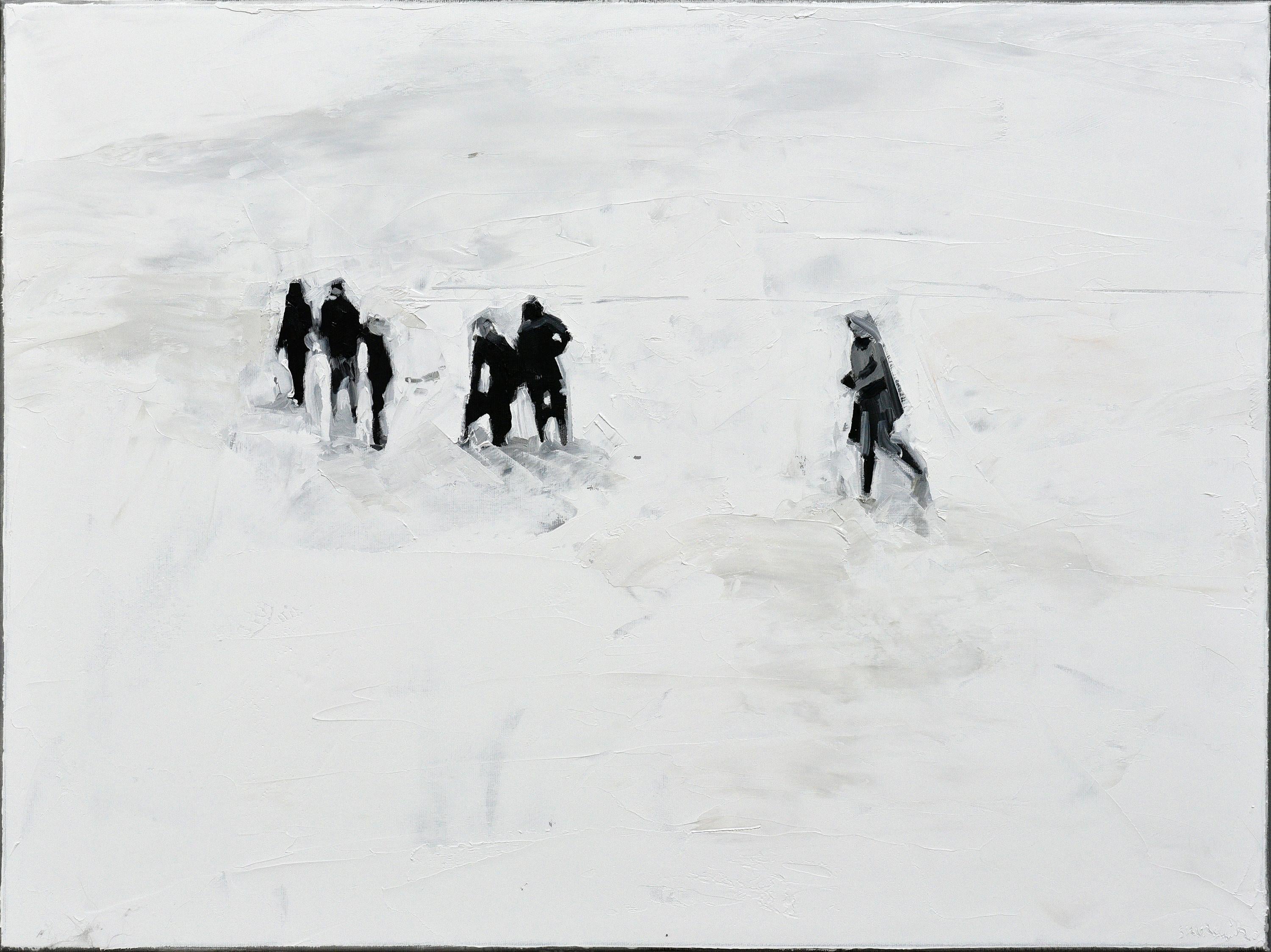 Fußspuren
60 x 80 cm
oil on canvas 
2020

A wide, apparently endless plain forms the background of the events: out of nowhere, dark figures enter the scenery, as if coming from the depths of the canvas, appearing through layers of bright, shiny