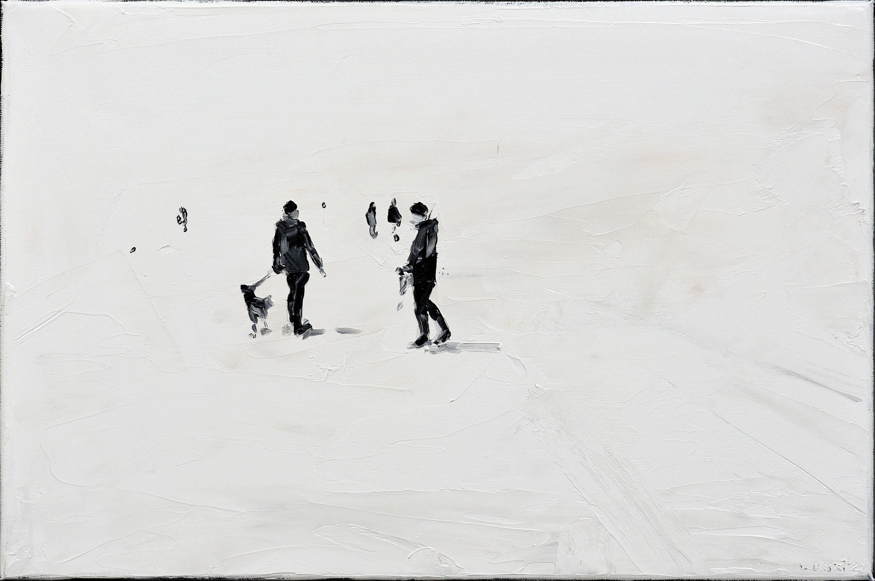 Hundestrand
40 x 60 cm
oil on canvas 
2020

A wide, apparently endless plain forms the background of the events: out of nowhere, dark figures enter the scenery, as if coming from the depths of the canvas, appearing through layers of bright, shiny