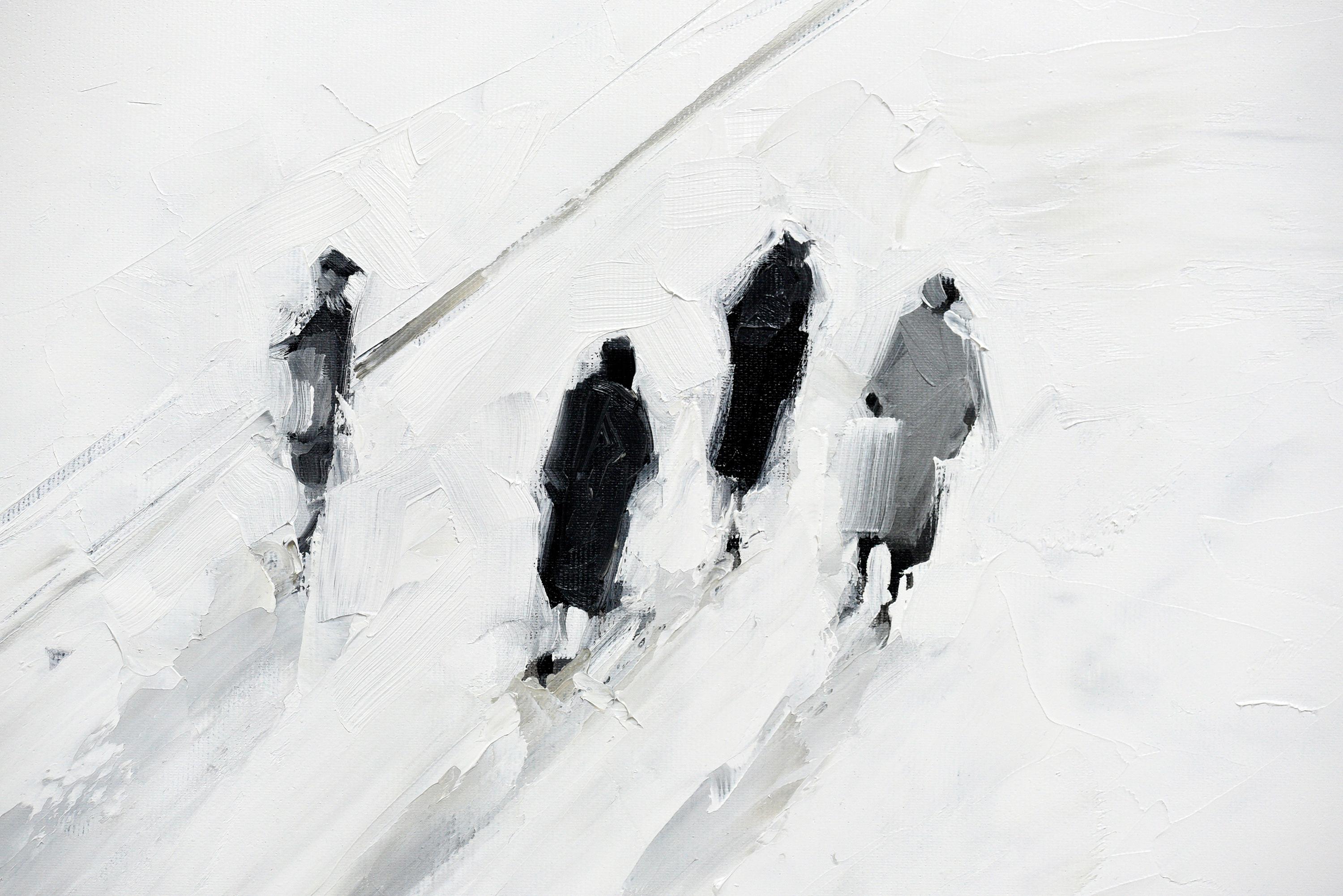 Phantom
80 x 120 cm
oil on canvas 
2020

A wide, apparently endless plain forms the background of the events: out of nowhere, dark figures enter the scenery, as if coming from the depths of the canvas, appearing through layers of bright, shiny white