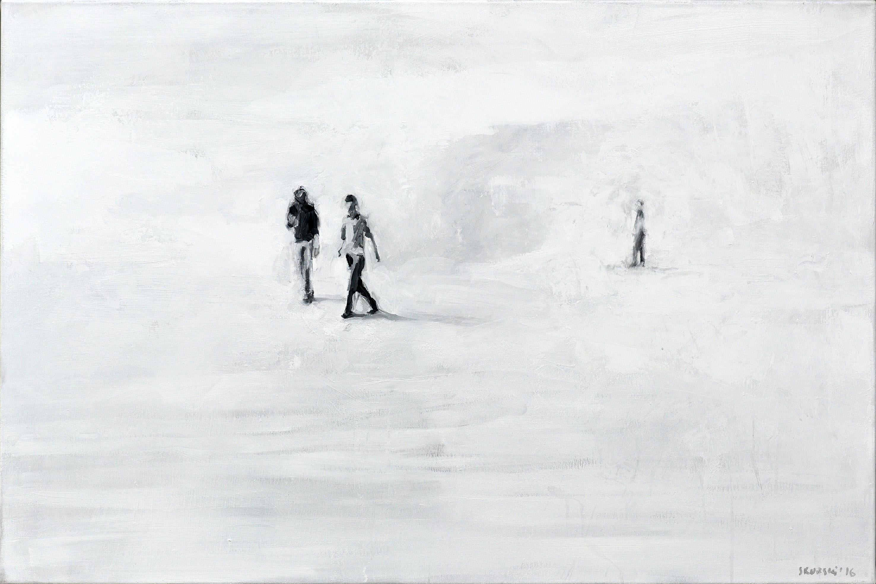 Pinguinretter
80 x 120 cm
oil on canvas 
2016

A wide, apparently endless plain forms the background of the events: out of nowhere, dark figures enter the scenery, as if coming from the depths of the canvas, appearing through layers of bright, shiny