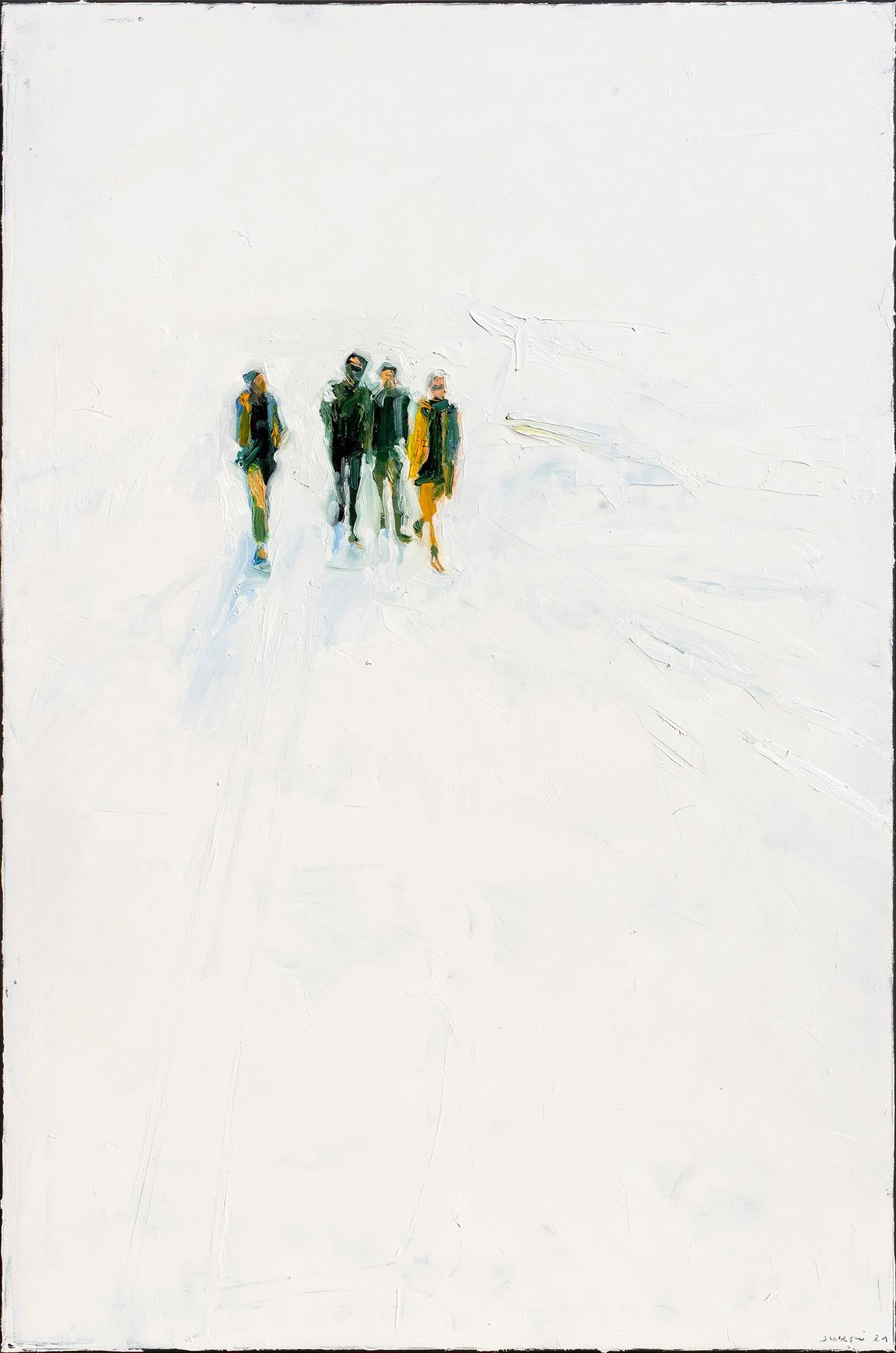 Visit 
120 x 80 cm
oil on canvas 
2021

A wide, apparently endless plain forms the background of the events: out of nowhere, dark figures enter the scenery, as if coming from the depths of the canvas, appearing through layers of bright, shiny white