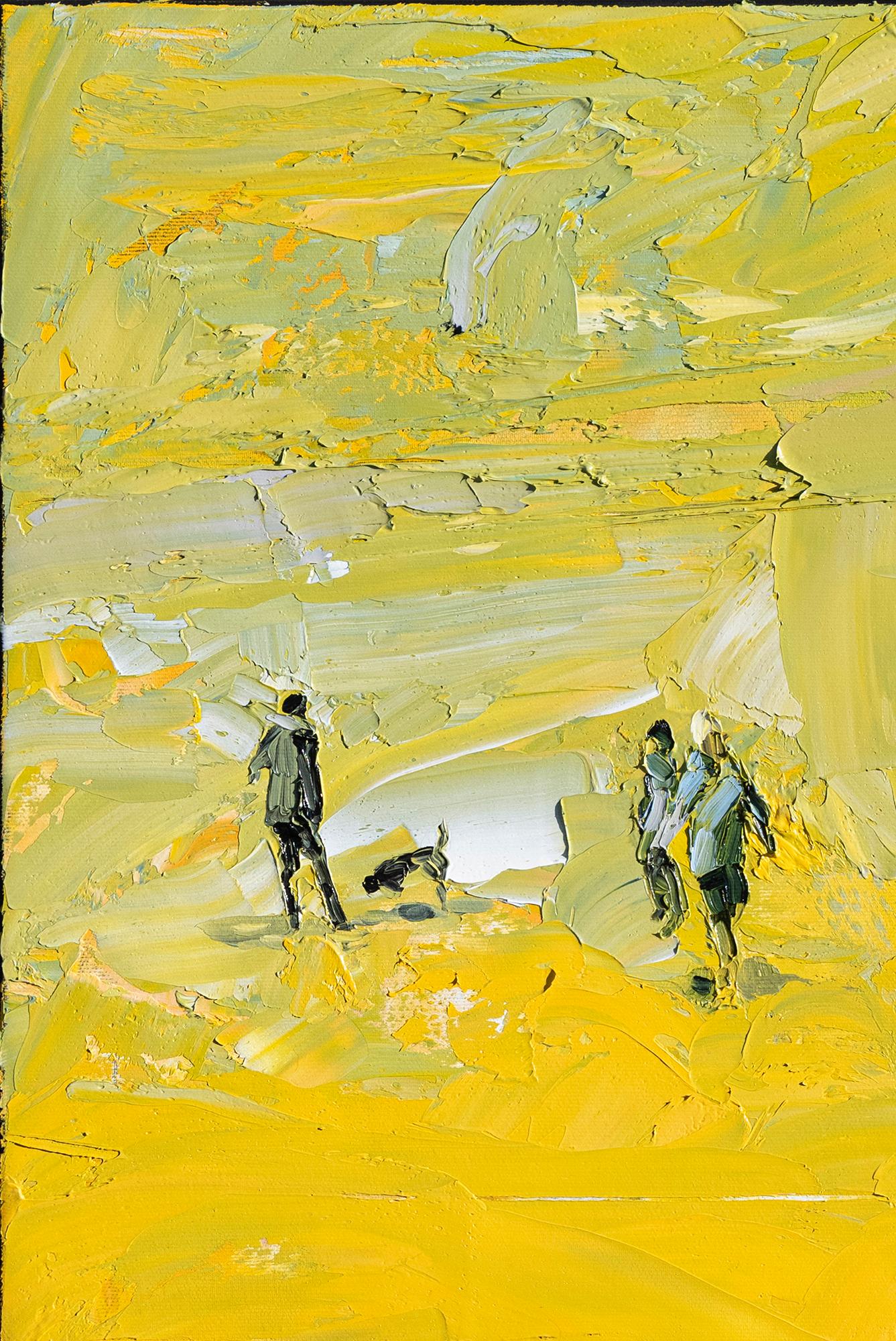 Weltreise 
90 x 60 cm
oil on canvas 
2020

A wide, apparently endless plain forms the background of the events: out of nowhere, dark figures enter the scenery, as if coming from the depths of the canvas, appearing through layers of bright, shiny