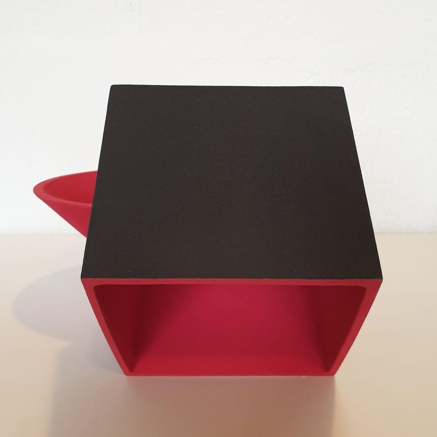 Sculpture SC1601 (red) is a remarkable contemporary modern abstract geometric object sculpture by Dutch visual artist Let de Kok and it is the second last available from this specific series! This sculpture consists of a cubical and conical element