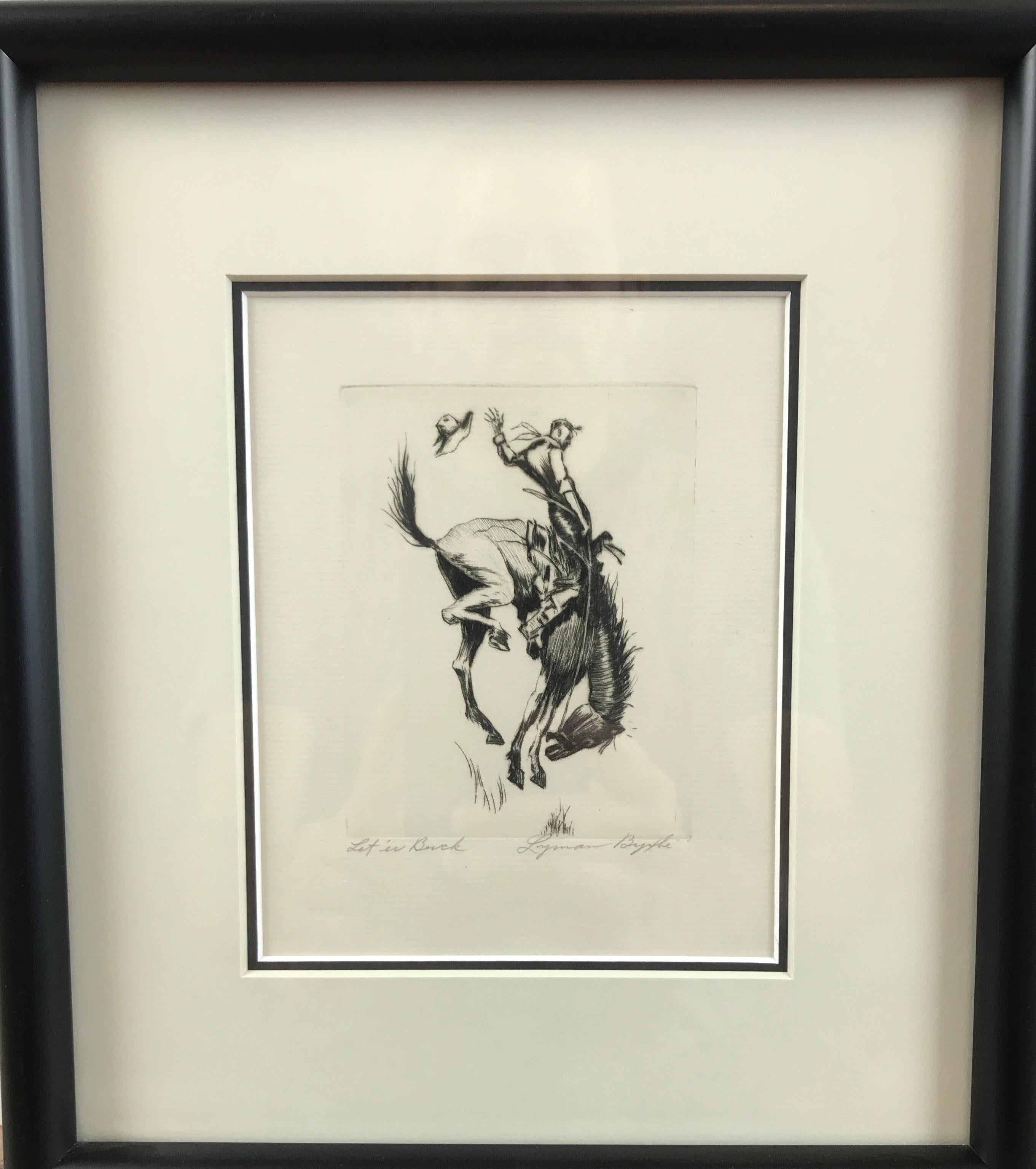 “Let ‘er Buck” by American artist Lyman Byxbe (b. 1886-1980)

In Byxbe's oeuvre, figure and action scenes are quite uncommon. As such, this rollicking image was chosen by the Society of American Etchers for a 1941 exhibition at the Grand Central