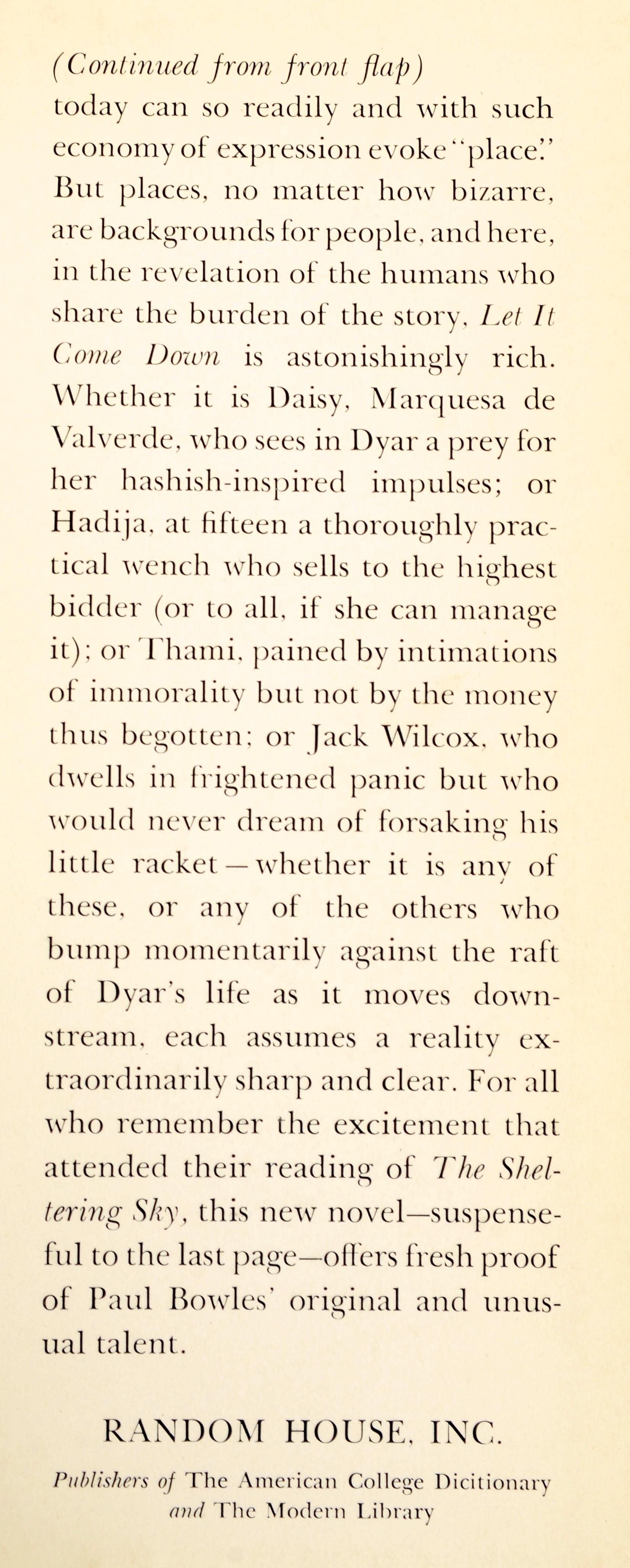 Américain Let It Come Down de Paul Bowles, 1ère édition, 1ère estampe déclarée en vente