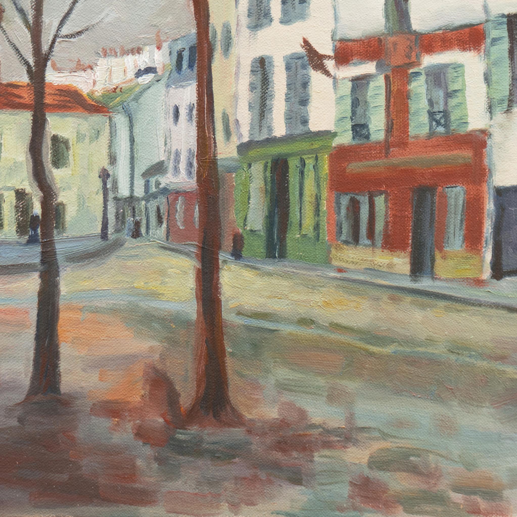 „La Place du Tertre“, Ölgemälde von Montmartre, Paris, Frankreich, Mitte des Jahrhunderts (Grau), Landscape Painting, von Leta S