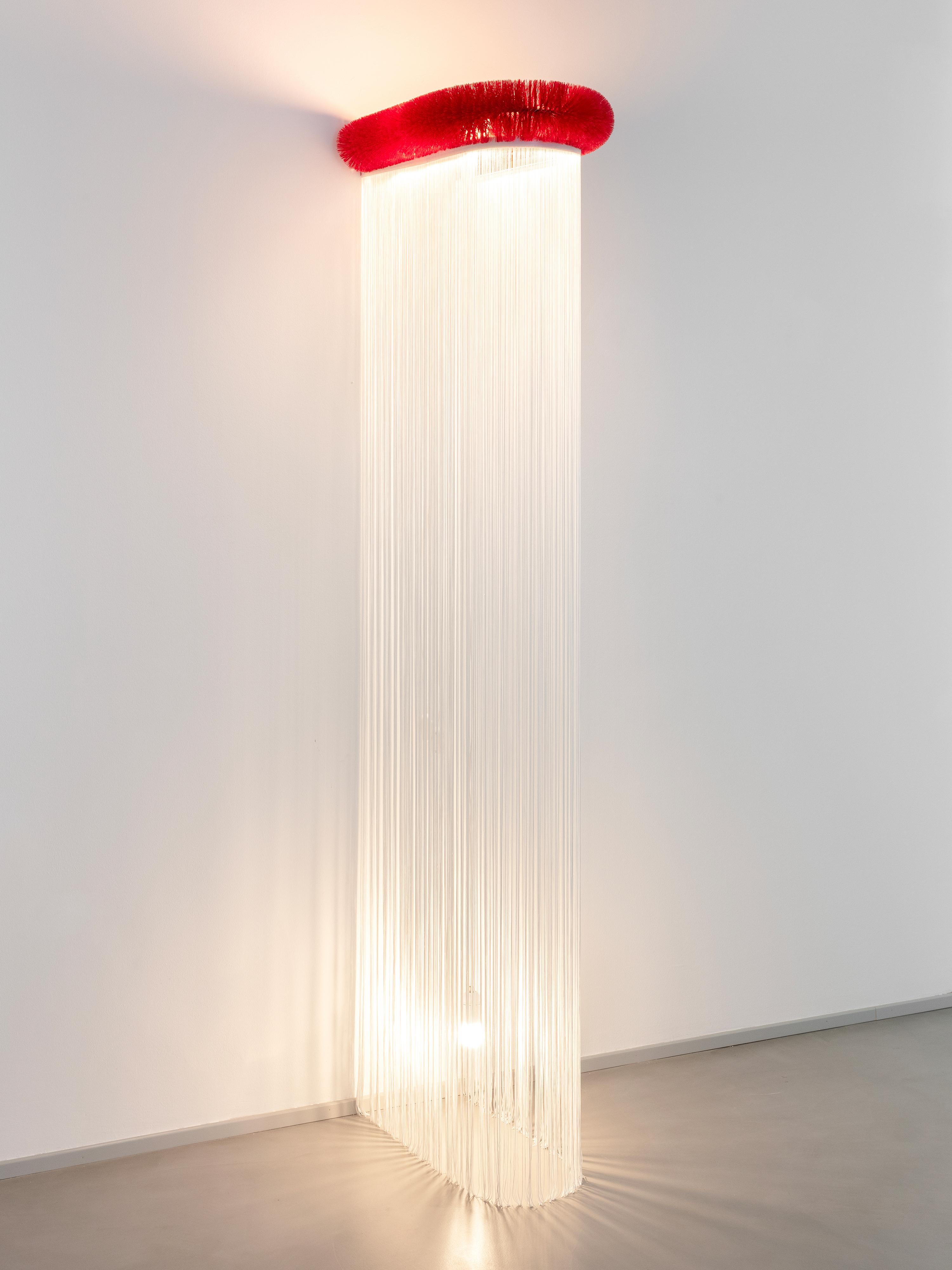 Materials: fabric fringes, pvc bristles, metal structure, led strip, 2 light bulbs. 

Colours: red; also available in blue or brown.

Paola Pivi creates exclusively for Paradisoterrestre Let’em shine art, presented for the first time in the
