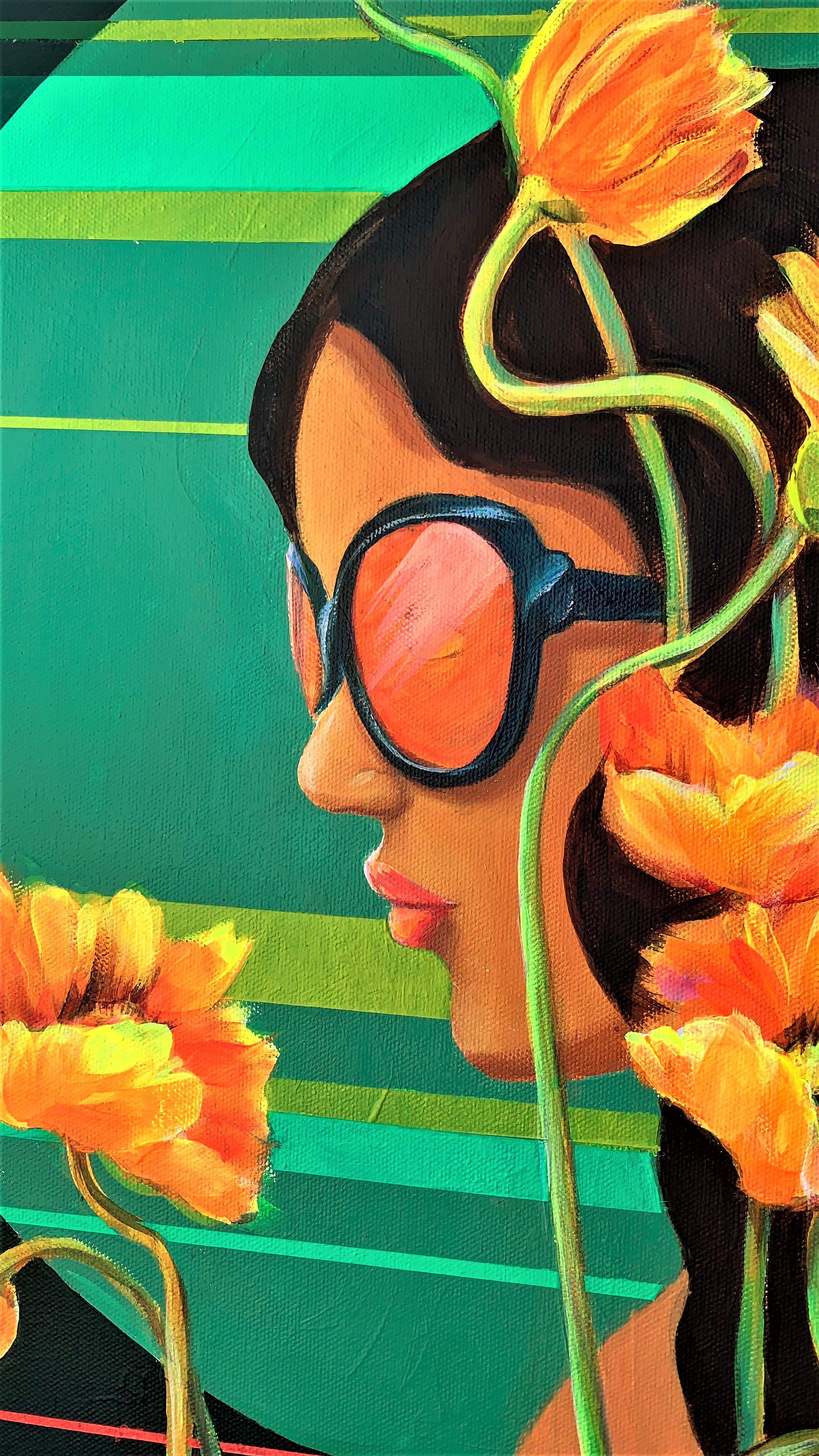 Hinter jeder Blüte, Originalgemälde (Schwarz), Figurative Painting, von Leticia Lacy