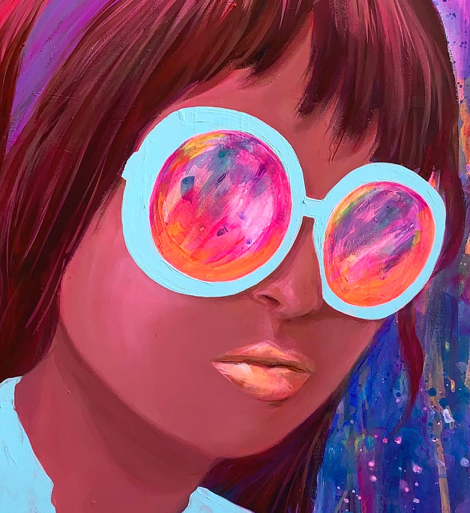 <p>Kommentare des Künstlers<br>Eine Frau blickt durch eine übergroße runde Sonnenbrille. Reflexionen in Rosa, Lila und Orange kräuseln sich auf den Gläsern und im Hintergrund. Die lebendige Farbpalette verleiht dem Porträt eine kühne, moderne Note.