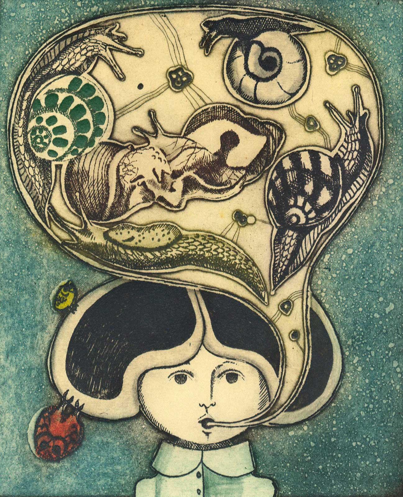 Leticia Tarragó Figurative Print - Caracoles - In Spanish this refers to snails and the dreams of this Mexican girl
