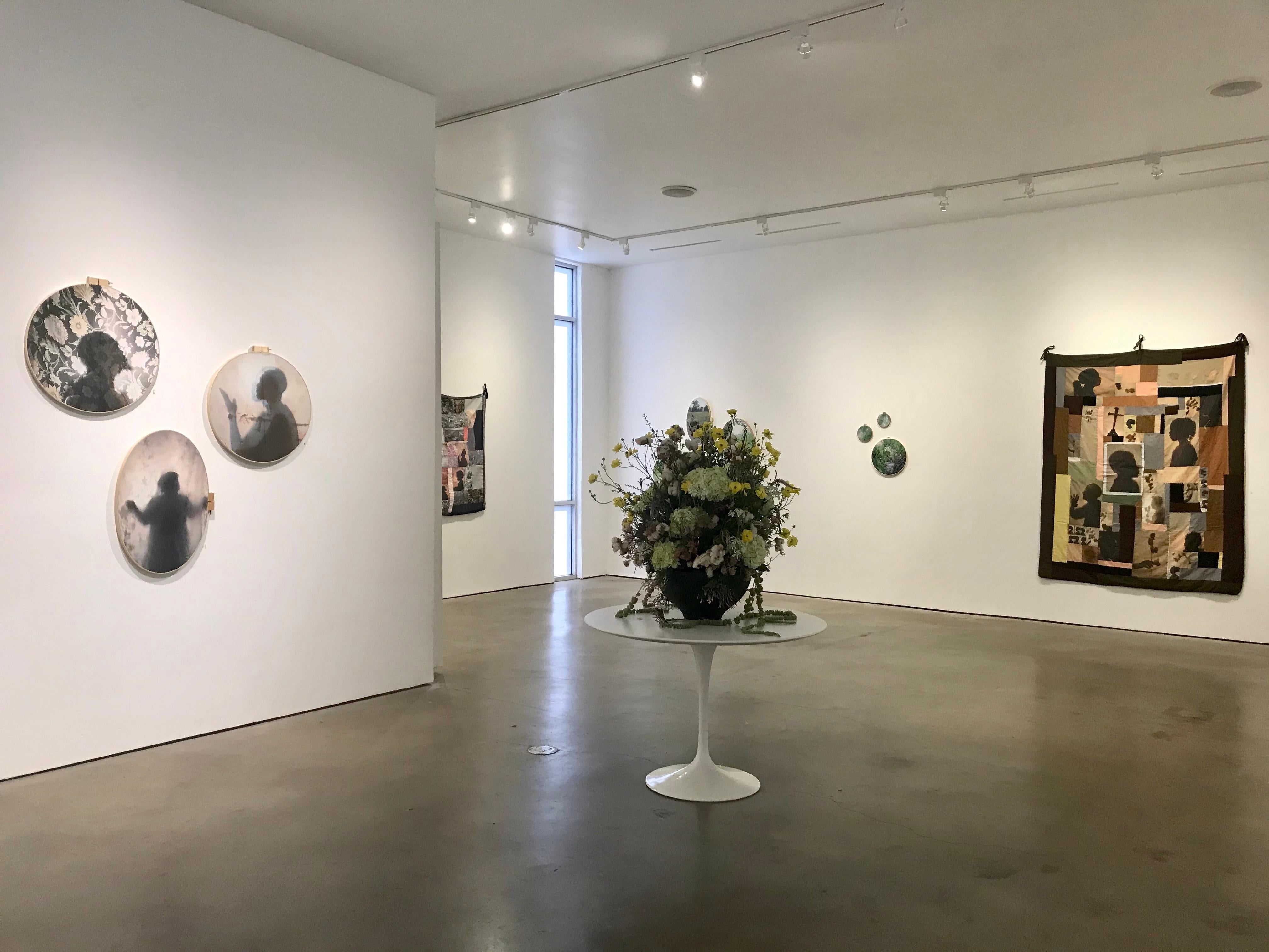 Called Delineation - Figurative floral print on fabric in embroidery hoop - Contemporary Mixed Media Art by Letitia Huckaby