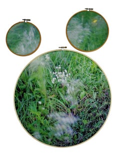 Southern Song - 3-part grass & flower landscape on fabric in embroidery hoops