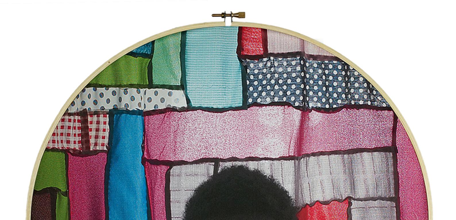 The Rising Sun - Silhouette colorful textile fabric print in embroidery hoop - Contemporary Photograph by Letitia Huckaby