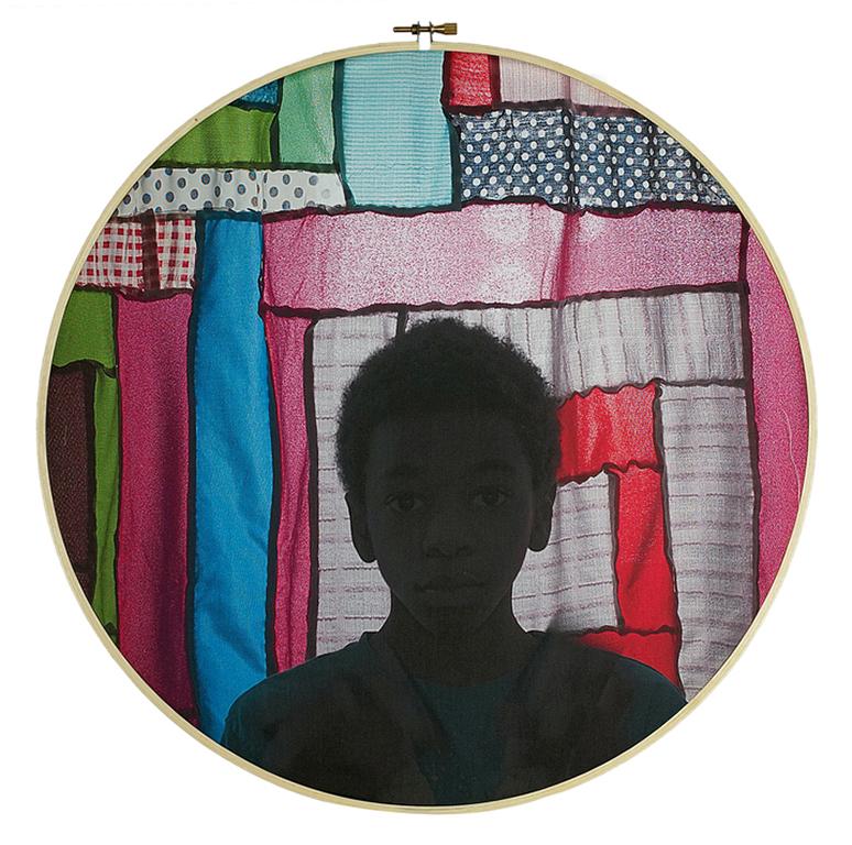 Letitia Huckaby Figurative Photograph - The Rising Sun - Silhouette colorful textile fabric print in embroidery hoop