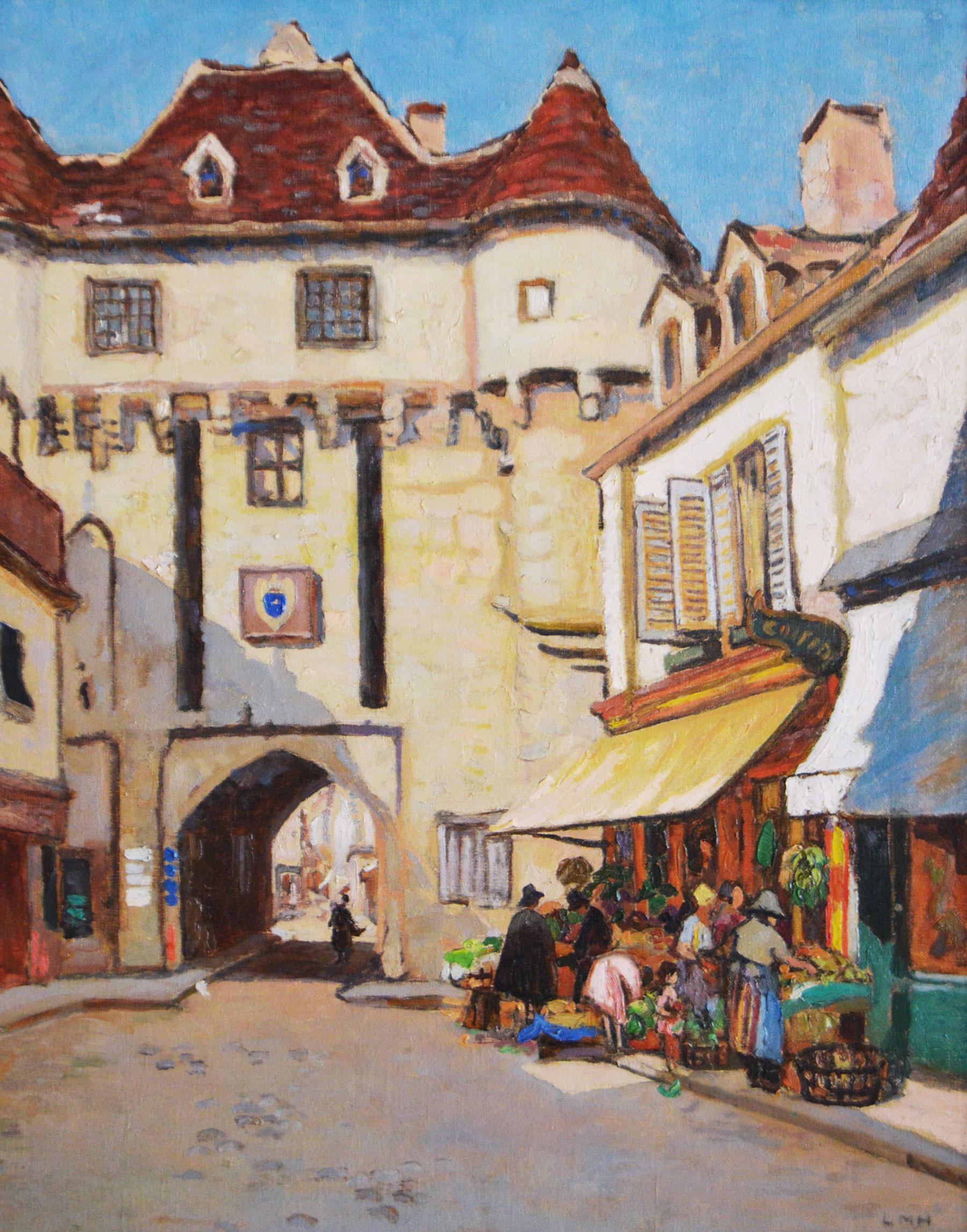 Paesaggio urbano dipinto ad olio di Semur, Francia - Painting di Letitia Marion Hamilton