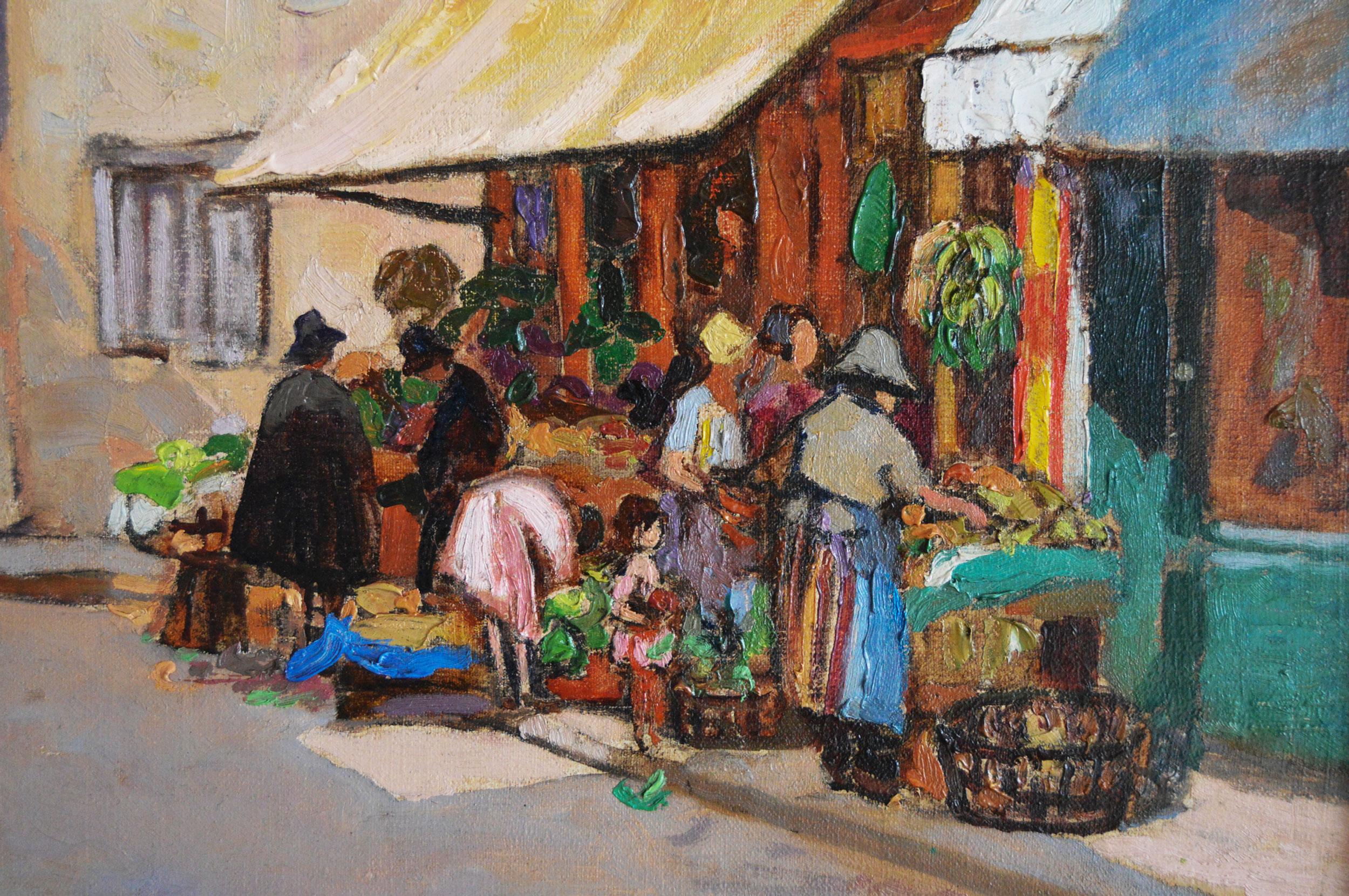 Paesaggio urbano dipinto ad olio di Semur, Francia - Landscape Painting Blu di Letitia Marion Hamilton