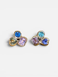 Leto Lama 18 Ct Gold Abstract Puzzle Pastel Sapphire Studs (Pair)