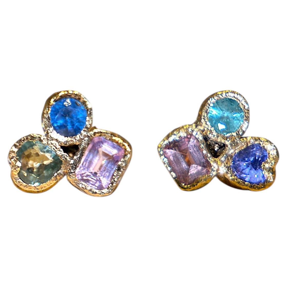 Leto Lama 18 Ct Gold Abstract Puzzle Pastel Sapphire Studs (Pair) For Sale