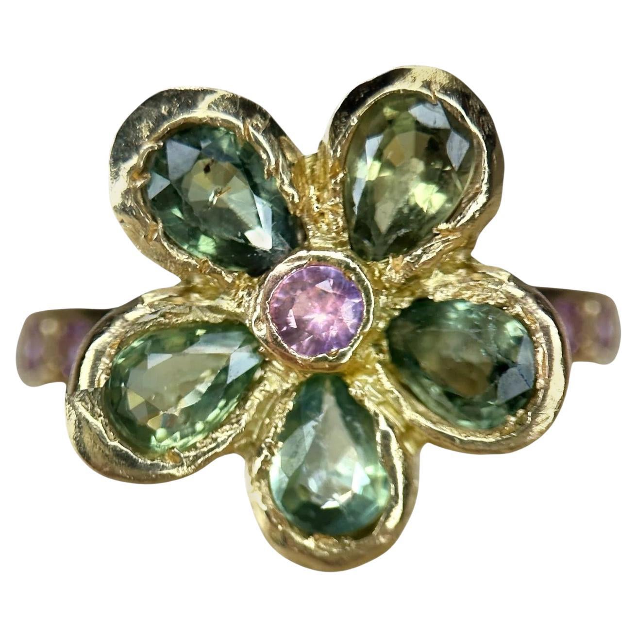 Leto Lama 18ct Gelbgold Blume Cocktail Ring, 2,5ct Saphire im Angebot