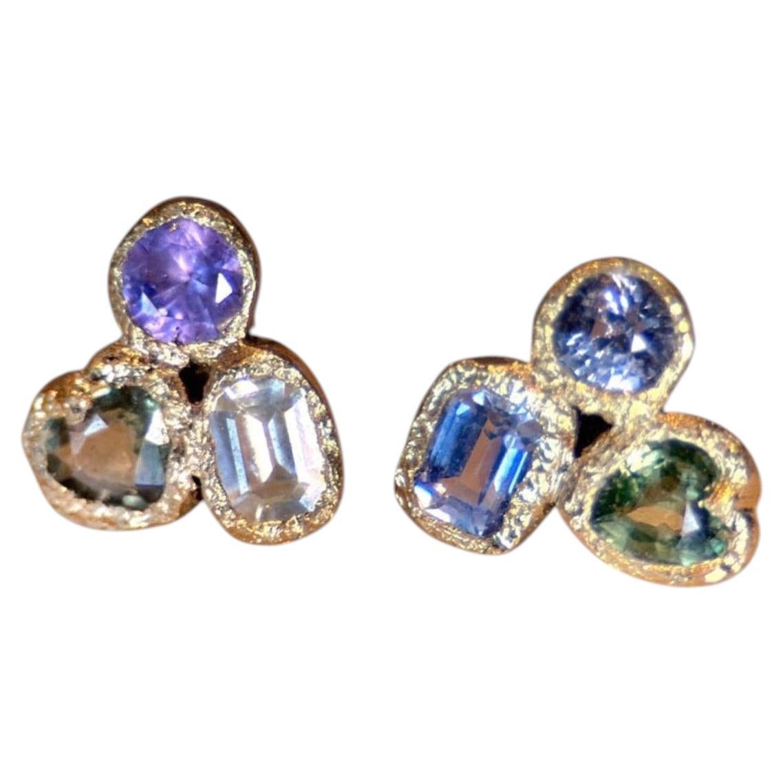 Leto Lama Abstract Puzzle Sapphires Studs 18 Ct Gold