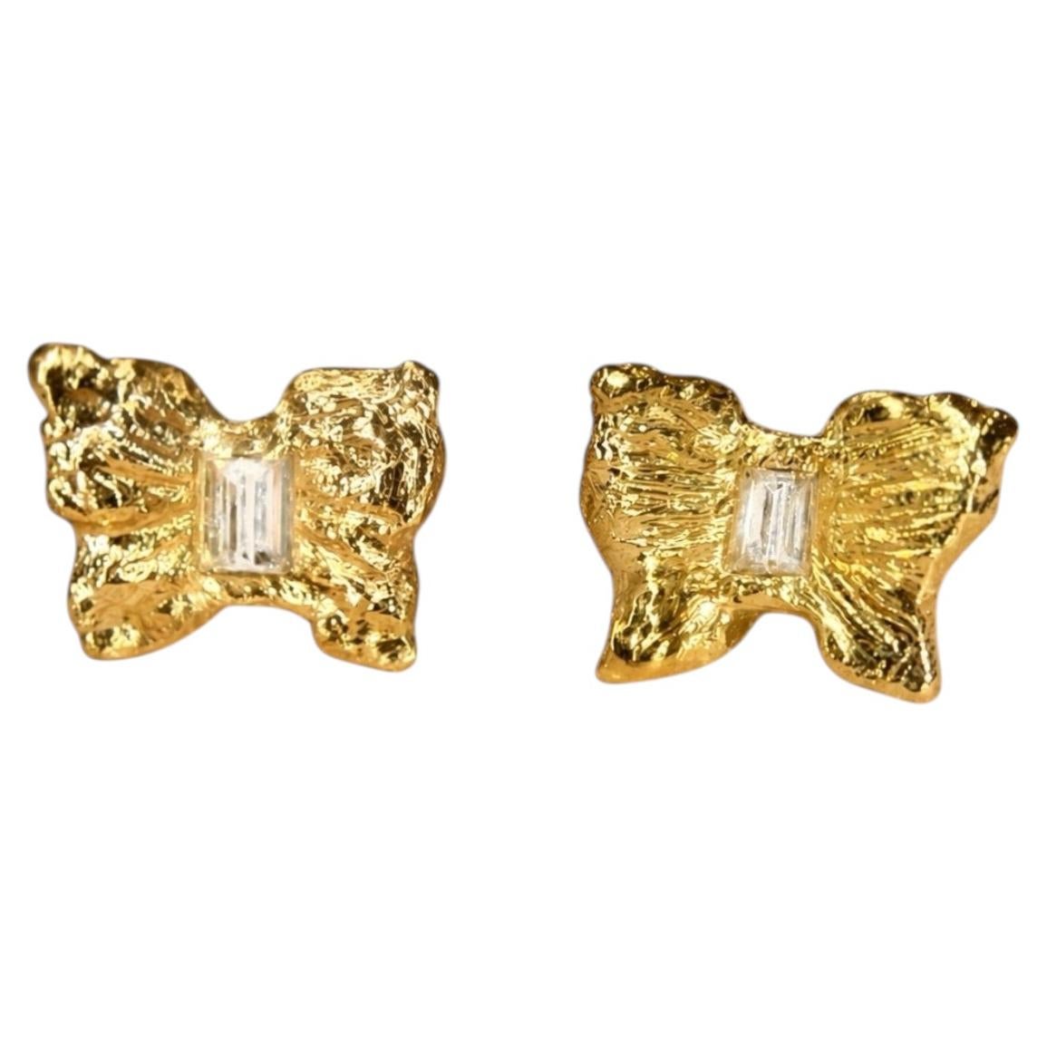 Leto Lama Baby Butterfly Studs Reverse Set Diamond Baguettes in 18 Ct Gold For Sale