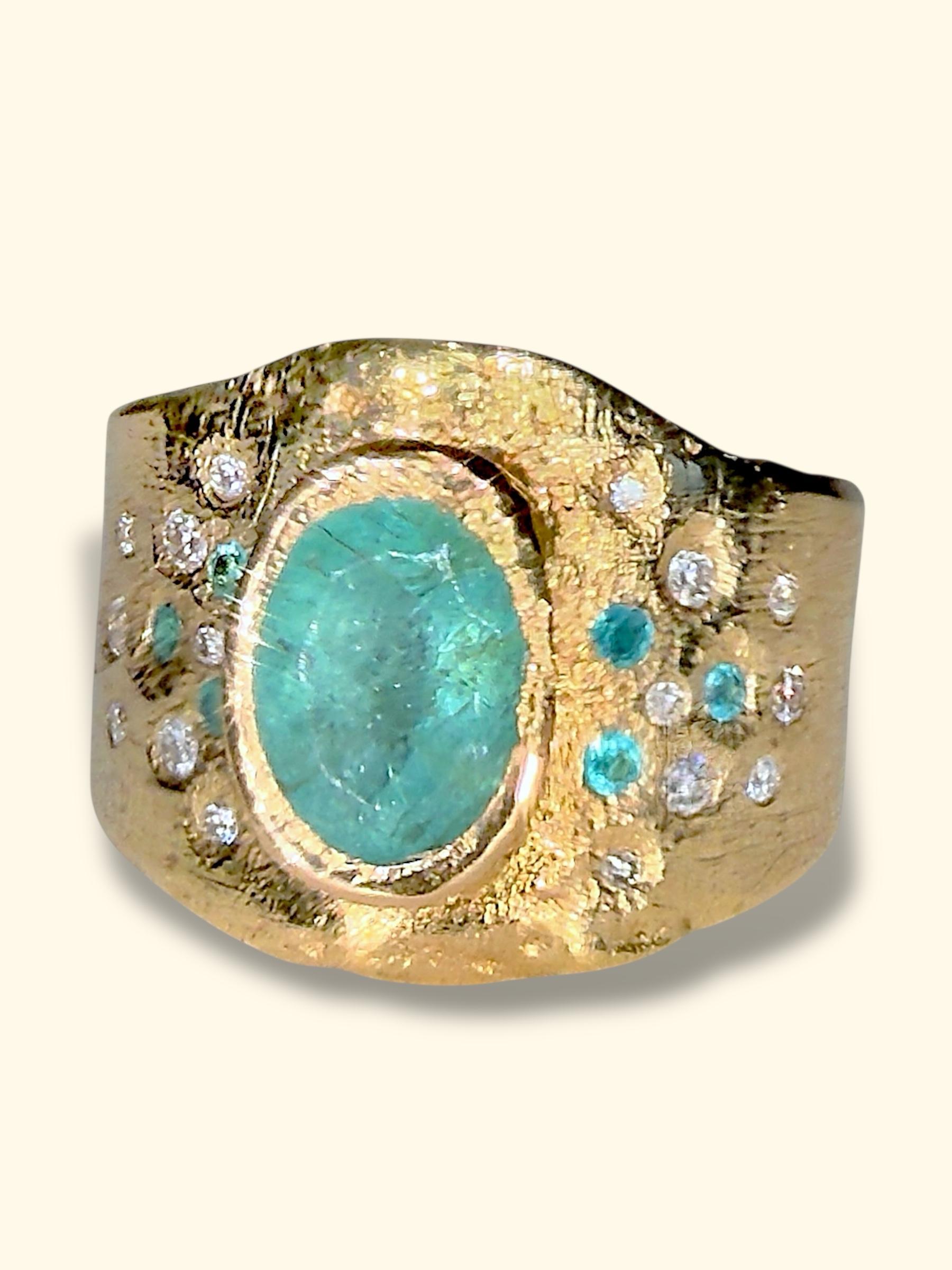 Leto Lama zertifiziert Oval Paraiba Mosambik Zigarre Ring 18 Karat Gold mit Diamanten (Kunsthandwerker*in) im Angebot