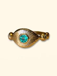 Leto Lama Colombian Emerald Evil Eye Ring with Diamonds 18 Ct Gold Handmade