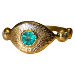 Leto Lama Colombian Emerald Evil Eye Ring with Diamonds 18 Ct Gold Handmade