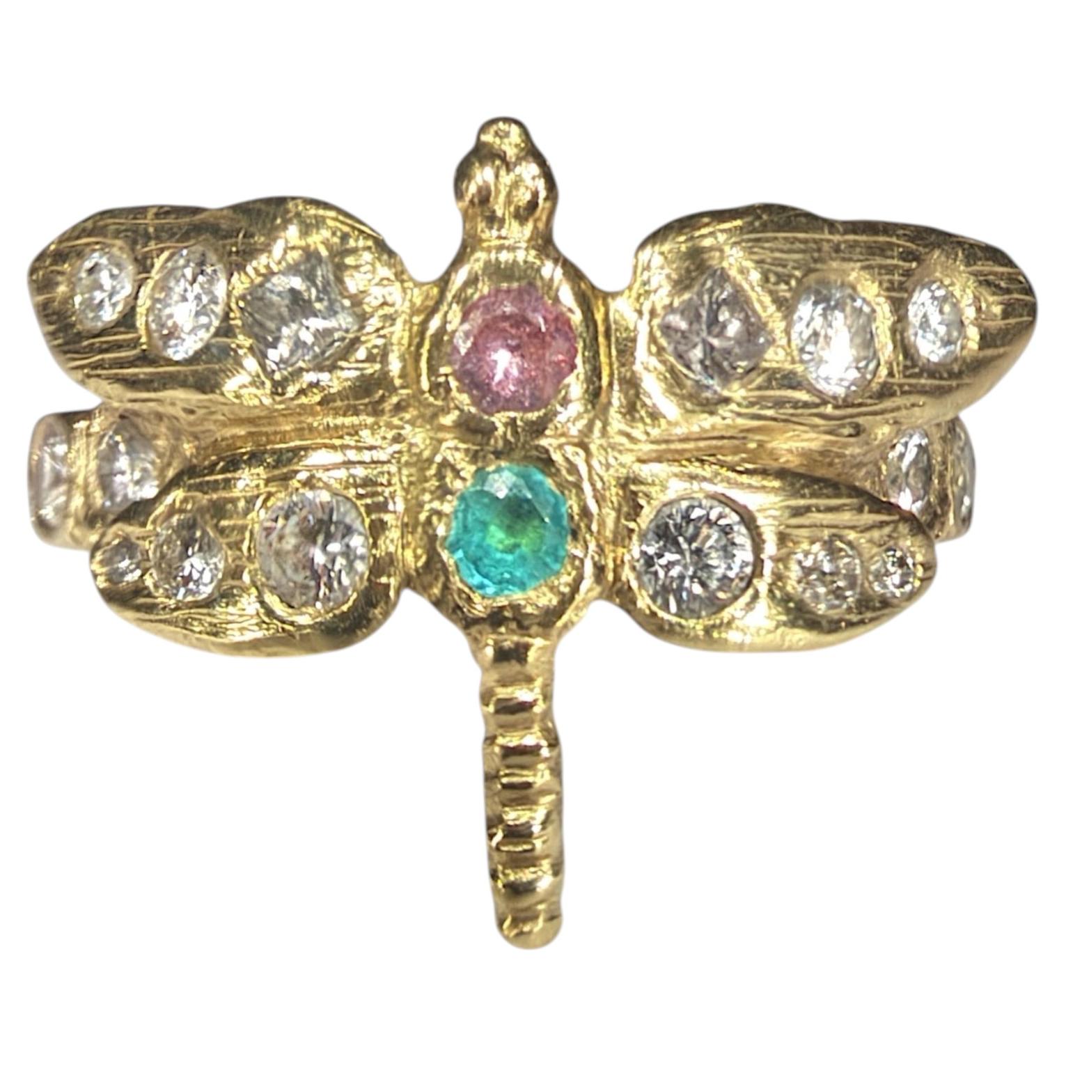 Leto Lama Dragonfly Diamonds Paraiba and Pink Sapphire 18 Ct Gold Ring