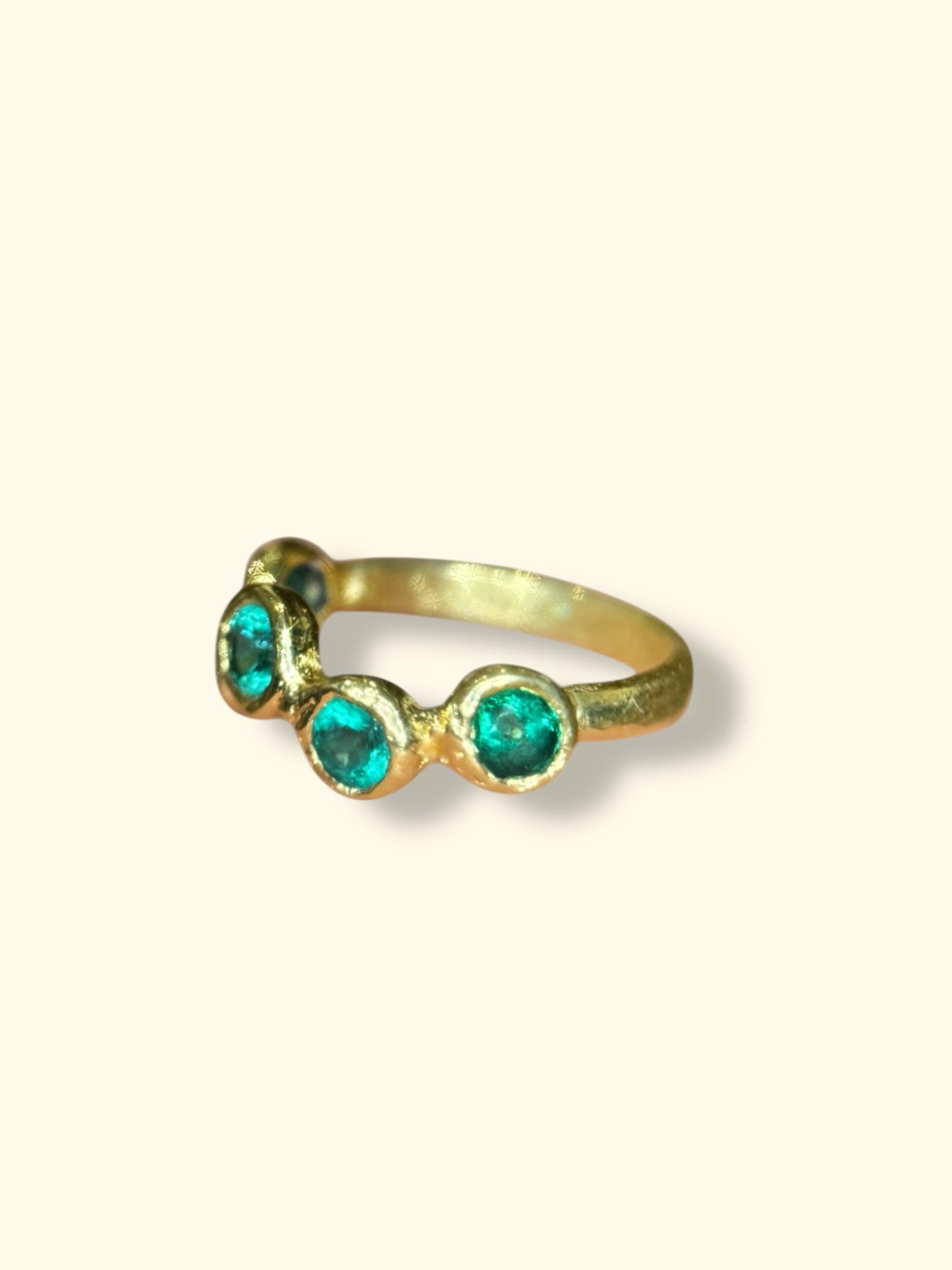 A beautiful One of A Kind 18 Ct Yellow Gold Bezel Emerald Round Band, ideal on its own or as a stack. Easy to wear either beautiful handpicked vivid green emeralds from Zambia.

One of a Kind
Round Vivid Green Emeralds from Zambia
Total width of the