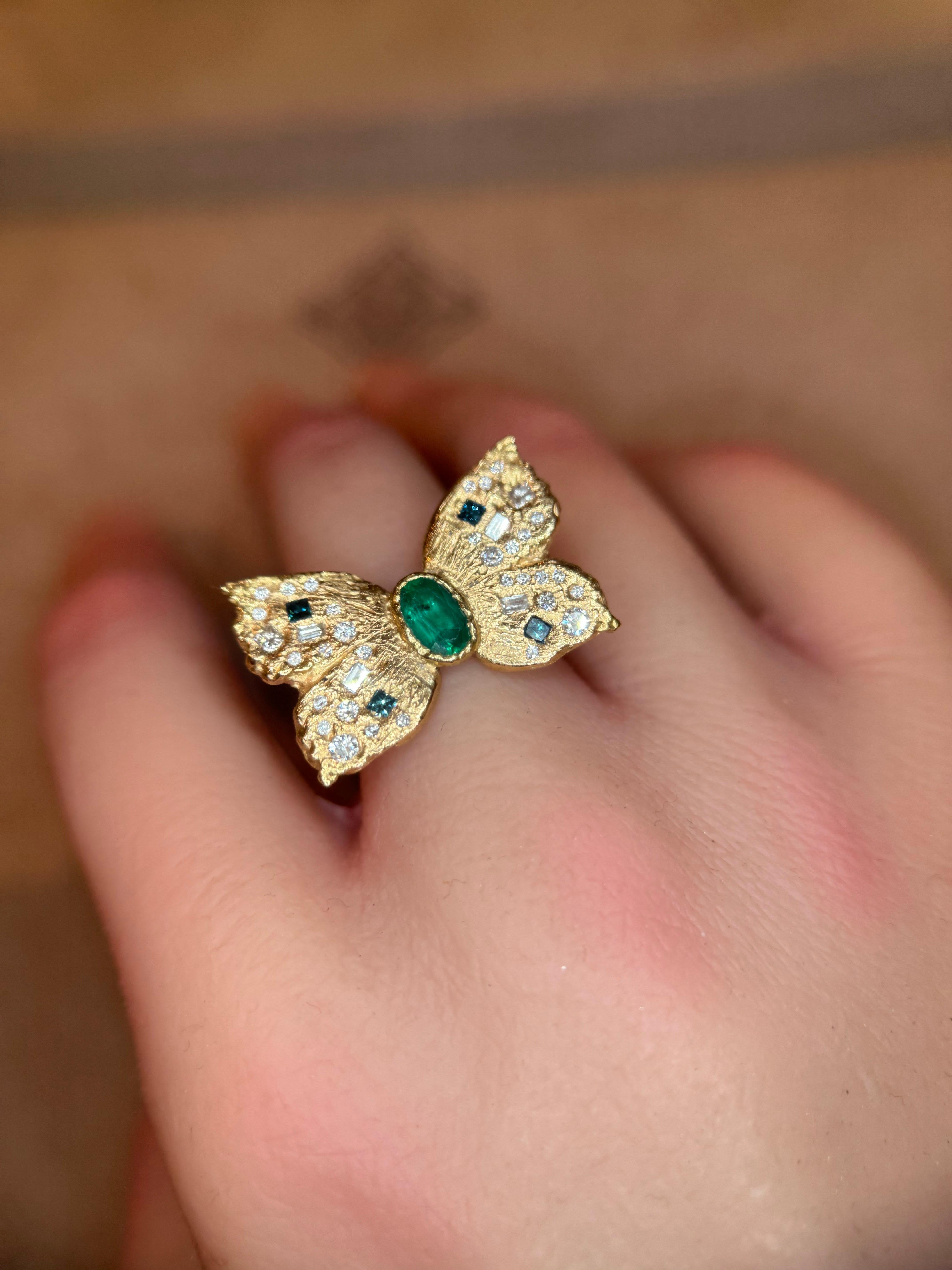 Leto Lama Emerald Butterfly Ring with White and Blue Diamonds 18 Ct Gold 6