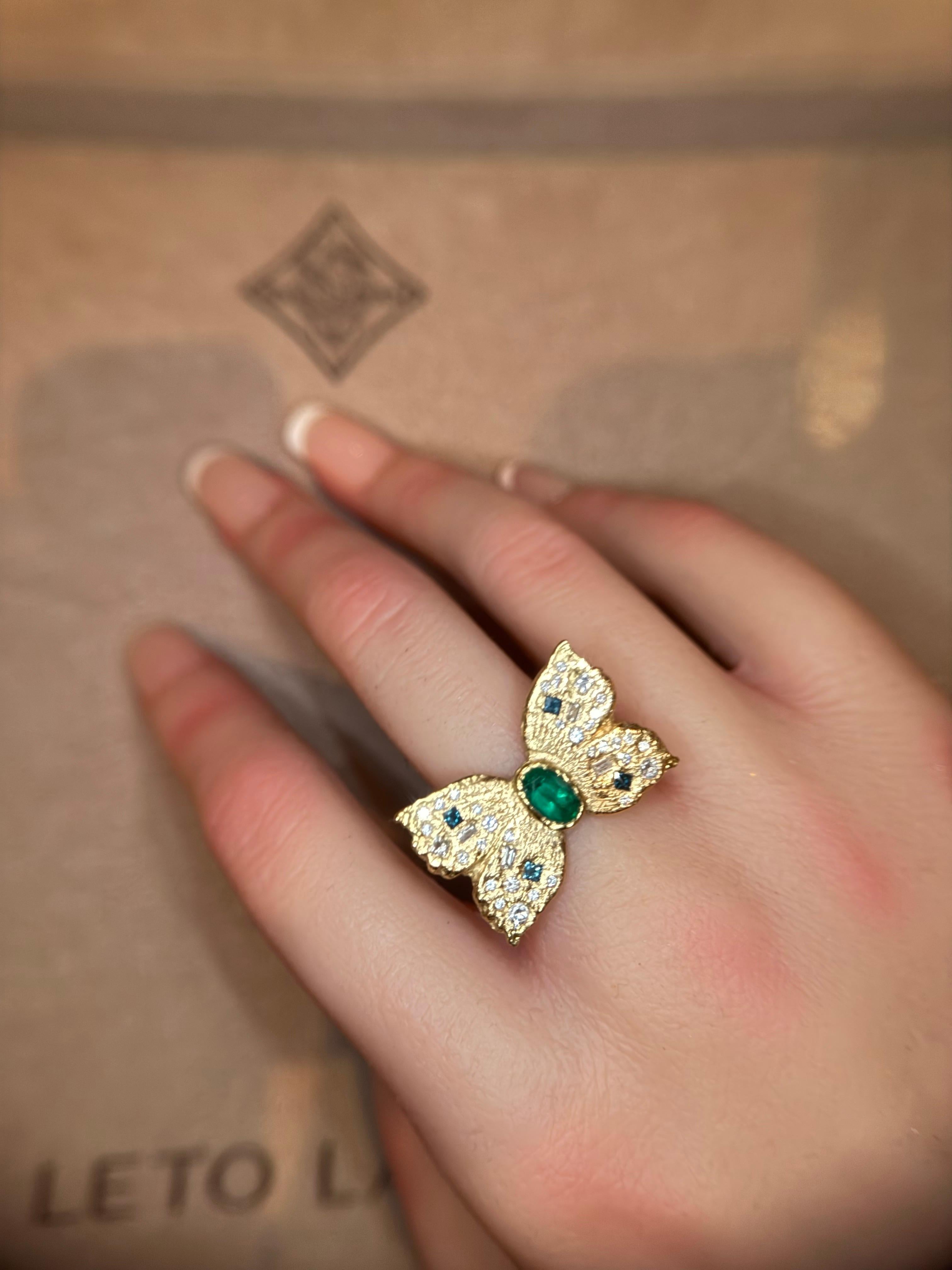 Artisan Leto Lama Emerald Butterfly Ring with White and Blue Diamonds 18 Ct Gold