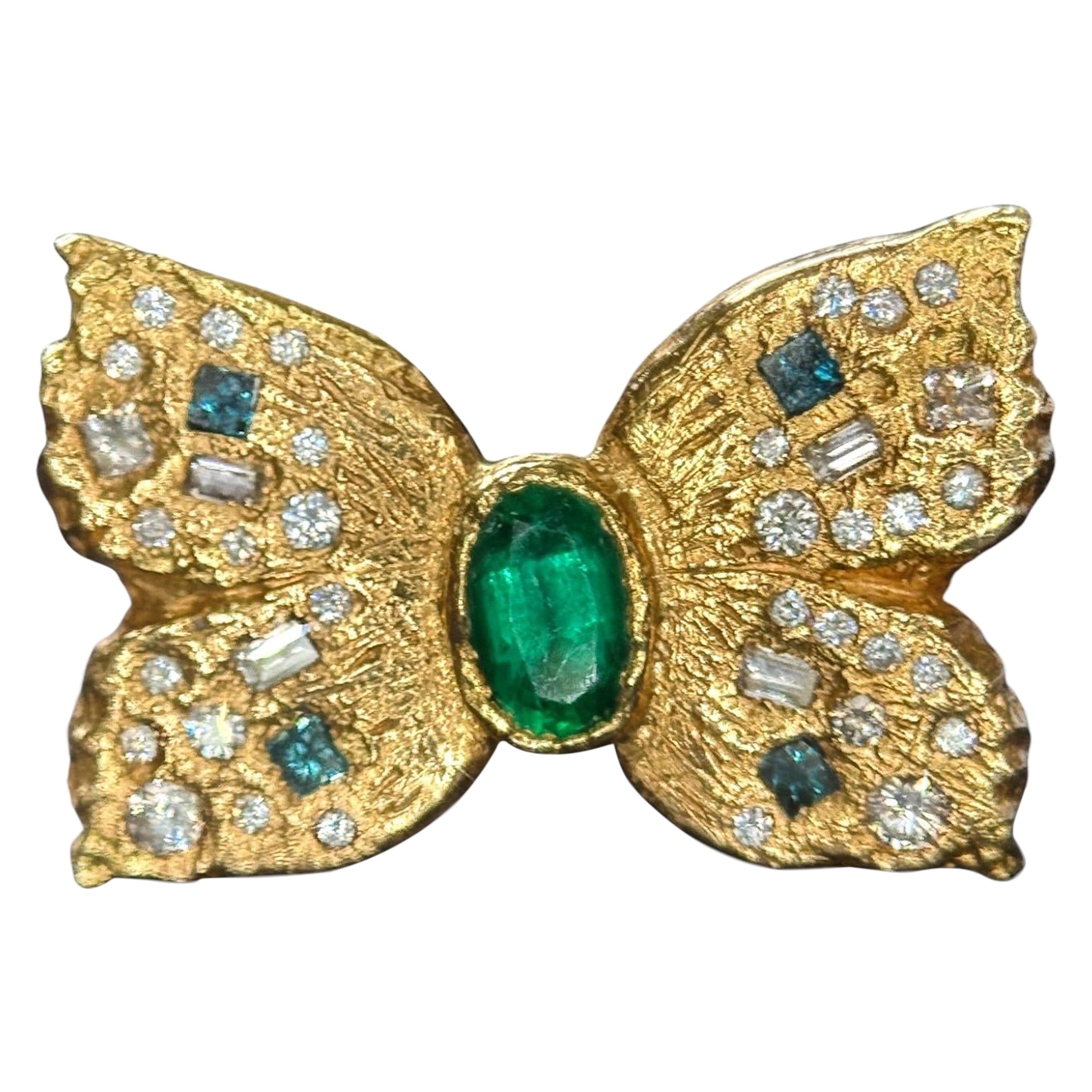 Leto Lama Emerald Butterfly Ring with White and Blue Diamonds 18 Ct Gold