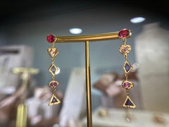 Leto Lama Cocktail Sapphires & Tourmaline Hearts Lozenge Art Earrings 18 Ct Gold