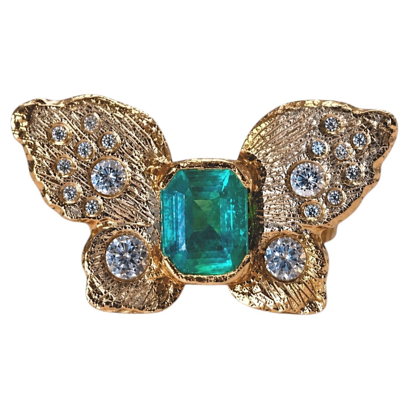 Leto Lama IGI Certified 1.3 Ct Emerald Butterfly Cocktail Ring with Diamonds