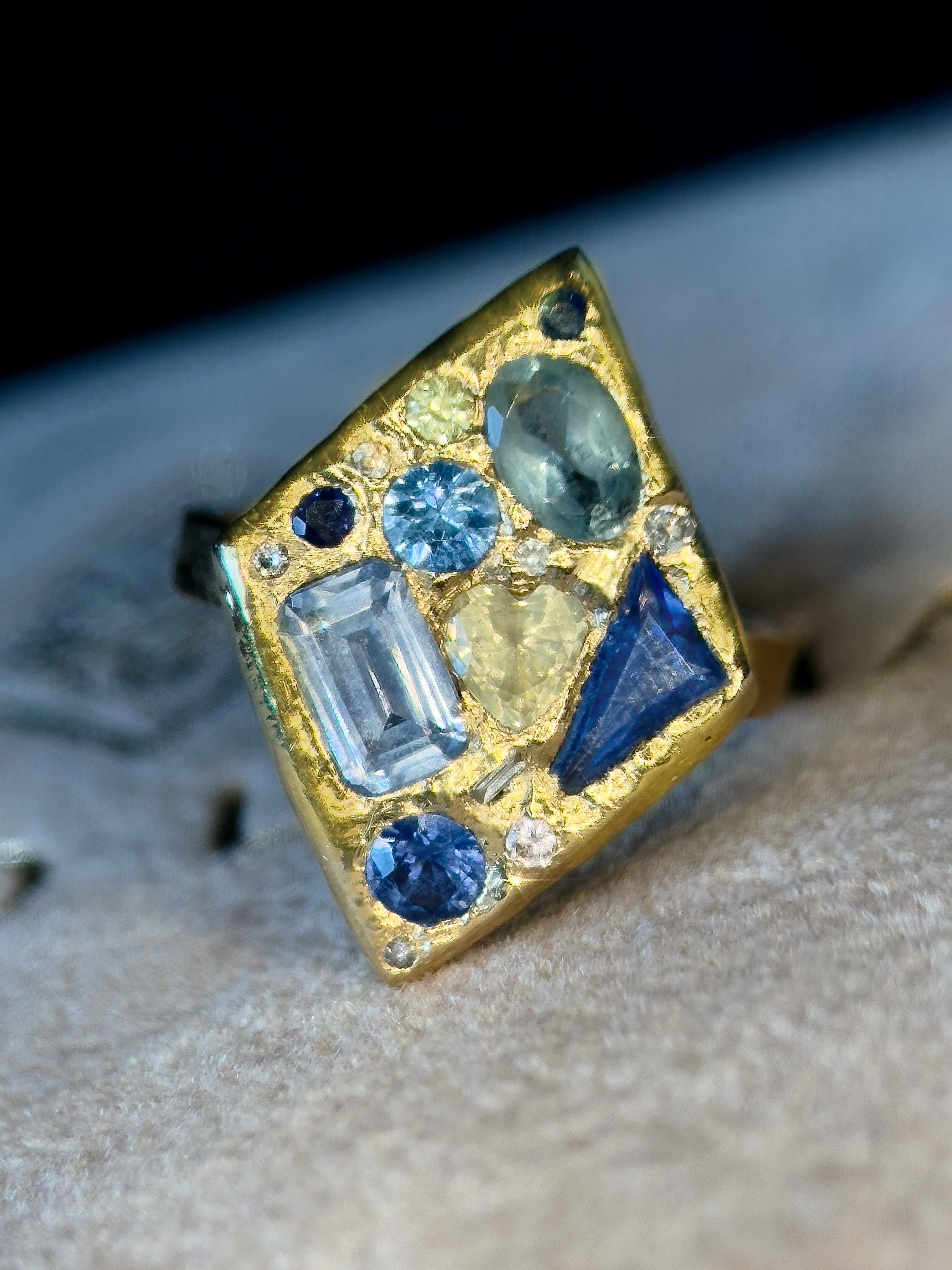 Leto Lama Ocean Inspired Lozenge Abstract Art Ring Sapphires Diamonds 18 Ct Gold For Sale 5