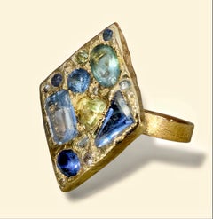 Leto Lama Ocean Inspired Lozenge Abstract Art Ring Sapphires Diamonds 18 Ct Gold