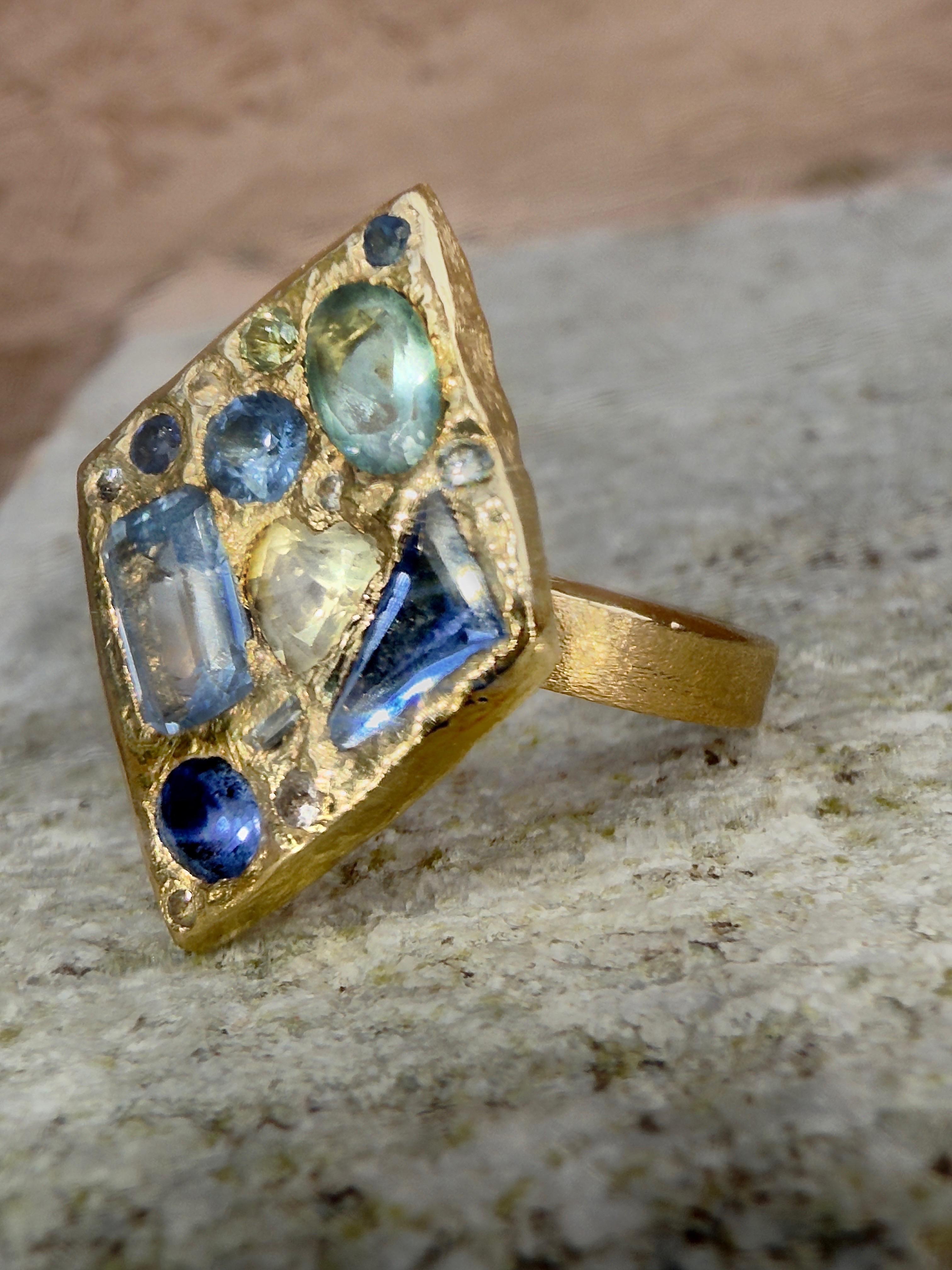 Artisan Leto Lama Ocean Inspired Lozenge Abstract Art Ring Sapphires Diamonds 18 Ct Gold For Sale