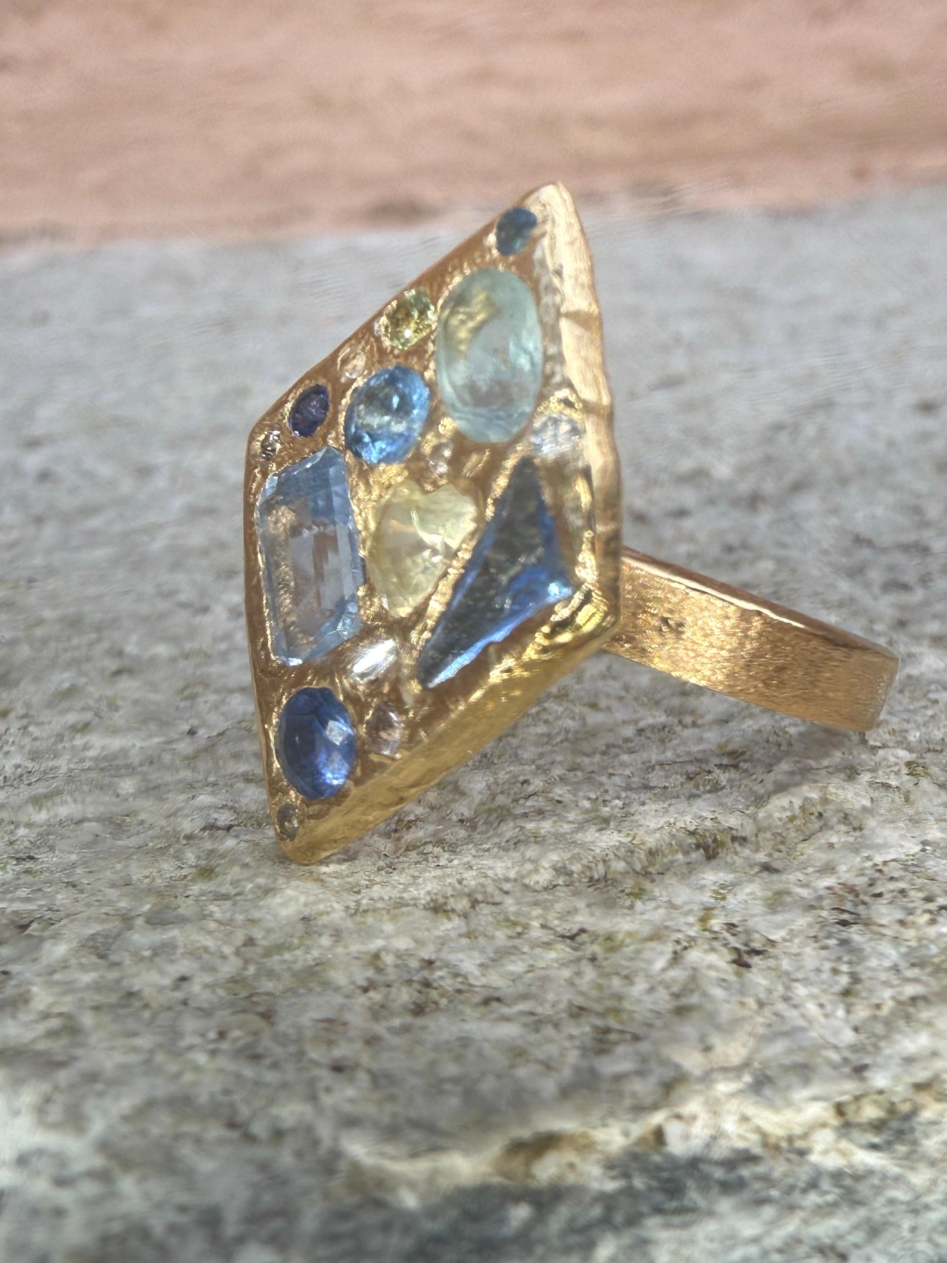 Women's Leto Lama Ocean Inspired Lozenge Abstract Art Ring Sapphires Diamonds 18 Ct Gold For Sale