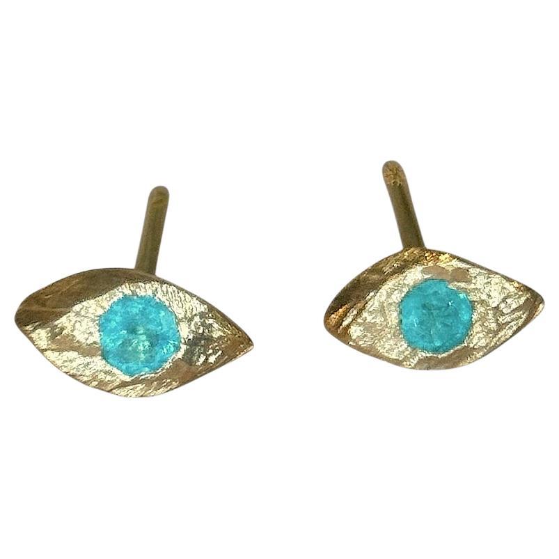 Leto Lama Neon Blue Brazilian Paraiba Tourmaline Mini Evil Eye Studs 18 Ct Gold
