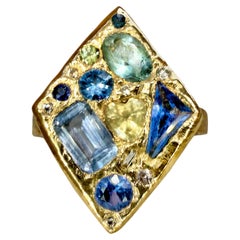 Leto Lama Ocean Inspired Lozenge Abstract Art Ring Sapphires Diamonds 18 Ct Gold