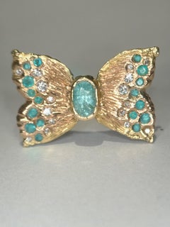 Leto Lama Paraibas Neon Blue Butterfly Cocktail Ring with Diamonds 18 Ct Gold